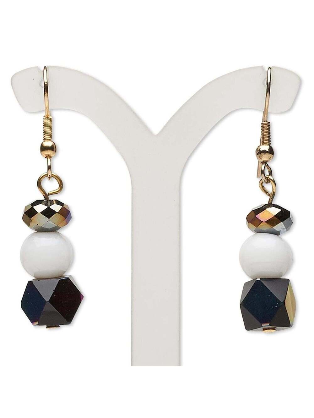 Handcrafted India Black White Oil Slick Glass Beads Brass Dangle Earrings